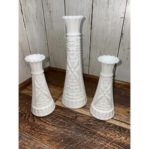 Set of 3 Anchor Hocking Bud Vase Milk Glass White Stars and Bars 6” and 9”